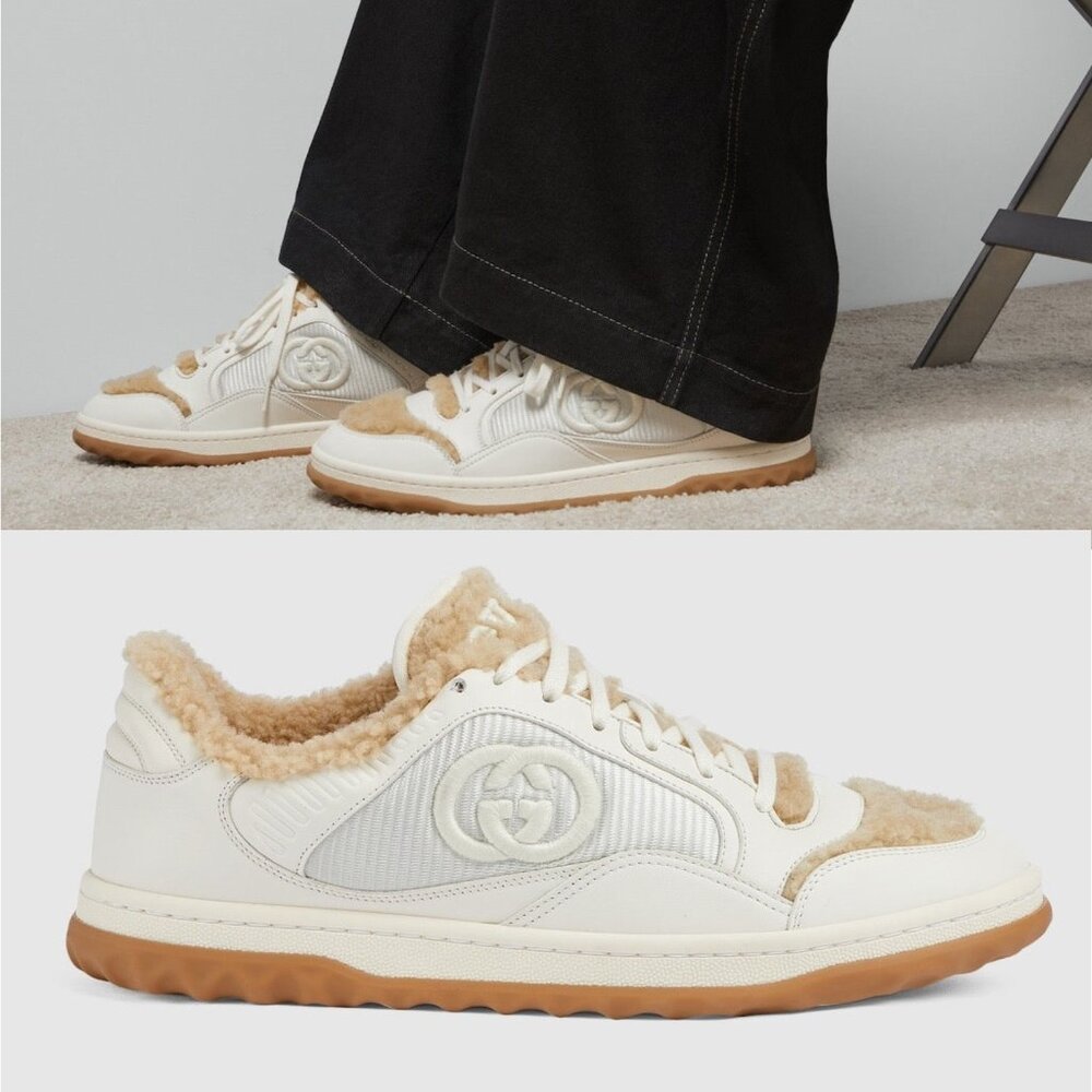 GUCCI SNEAKERS MENS MAC 80 LOGO SHEARLING FUR LEATHER SHOES  sz 9.5 10 US